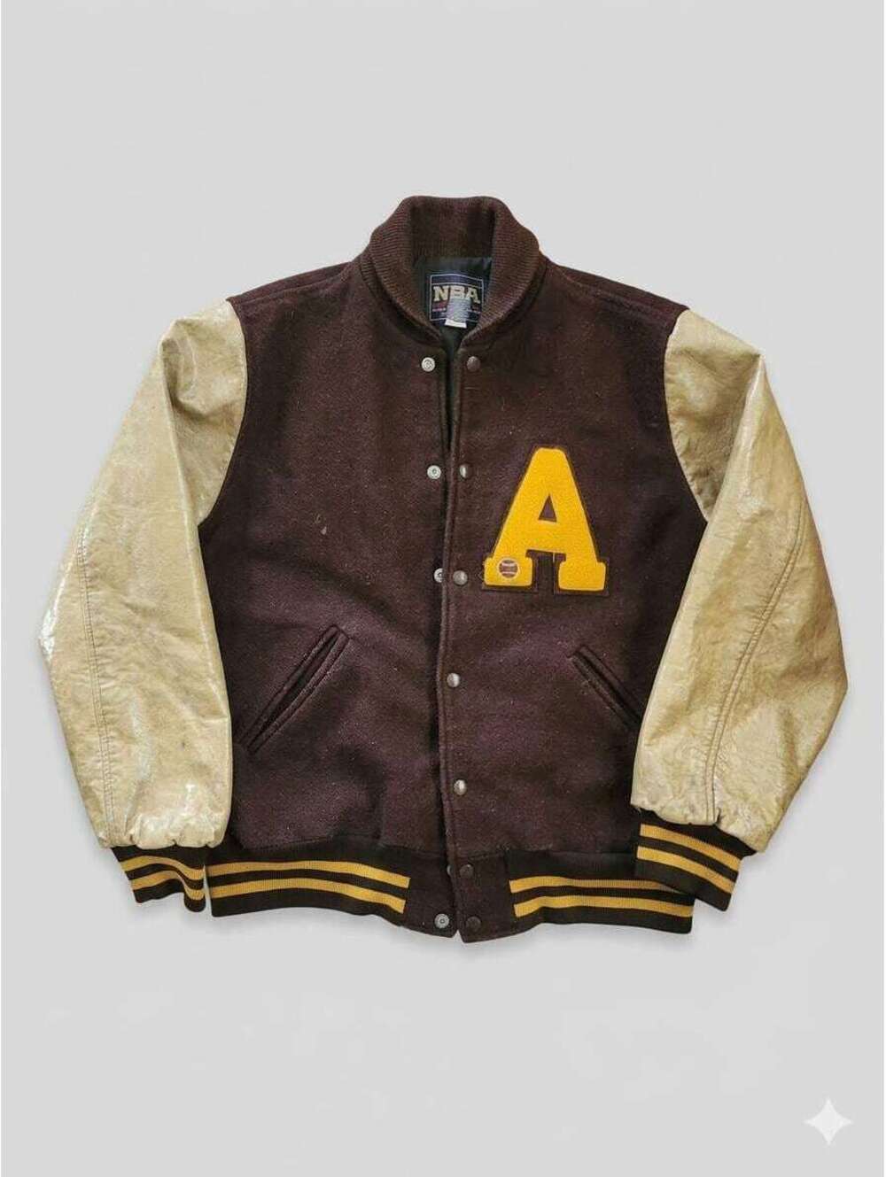 Vintage Varsity Bomber Letterman Jacket Letter A , Brown w/ stripes School SZ L